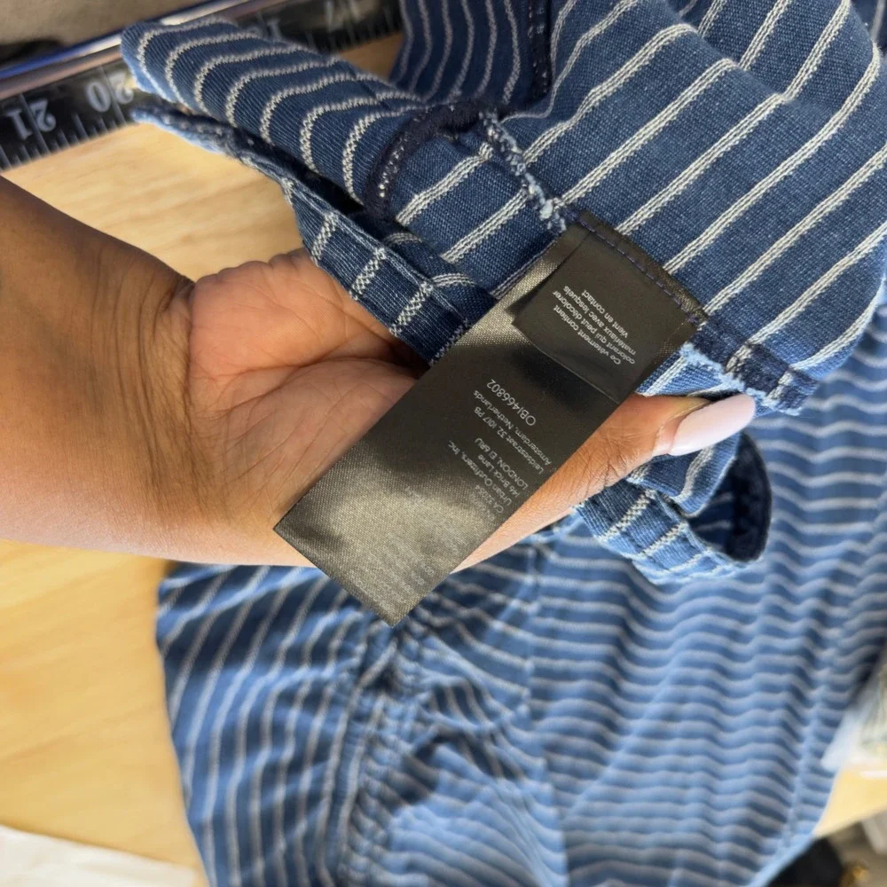 Pilcro Anthropologie Women Midi Skirt 6 Blue Striped Ruched Pull On Side Slit - Picture 9 of 10